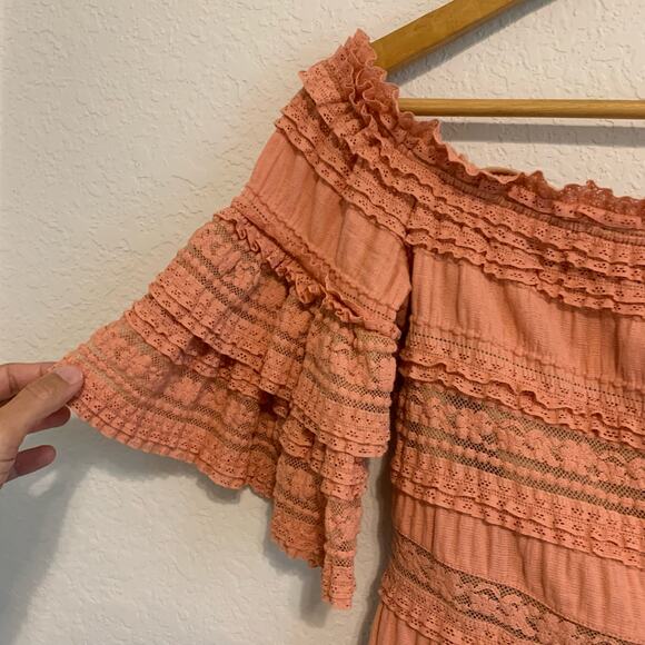 Cinq `a Sept Solene Peach Lace Off the Shoulder Ruffle Sleeve Blouse - Picture 3 of 8